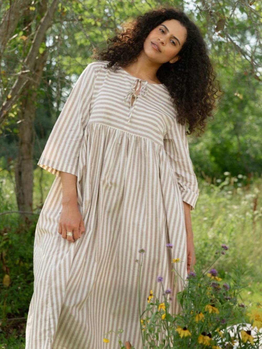 Tradlands Beige and White Striped Midi Dress